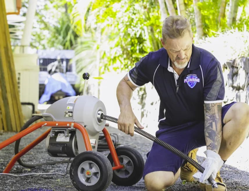 Plumber using a drain machine