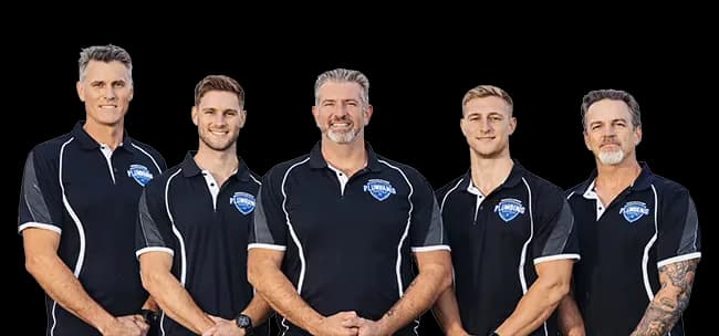 The Big Blue Plumbing team, 5 plumbers in uniform